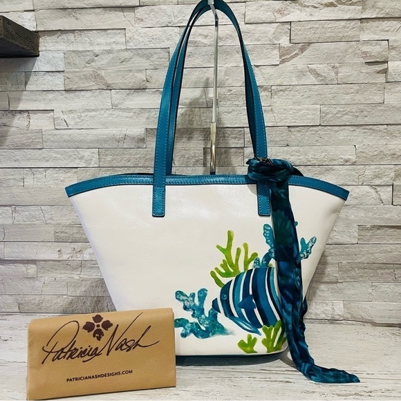 Patricia Nash Leather Marconia Striped Fish Spot Print Tote Bag Matching Scarf - Picture 1 of 16